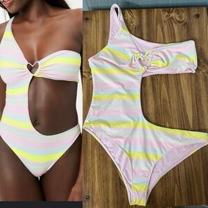 Frankie's Bikinis | Pastel Stripe | One-Shoulder Monokini Swimsuit | XL